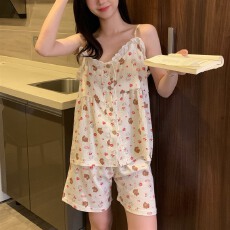 实拍~夏季新款小熊碎花吊带开衫短裤睡衣女简约韩版ins家居服套装