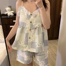 实拍~夏季新款格子碎花吊带开衫短裤睡衣女简约韩版ins家居服套装