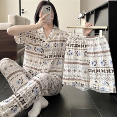 批发实拍~夏季新款复古<b class='q'>碎花</b>花边开衫短裤长裤韩版ins可外穿睡衣三件套