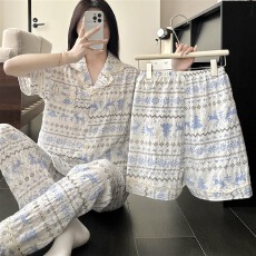 批发实拍~夏季新款复古<b class='q'>碎花</b>花边开衫短裤长裤韩版ins可外穿睡衣三件套