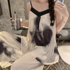 实拍~夏季新款冰雪丝印花吊带长裤睡衣女简约韩版凉感家居服套装