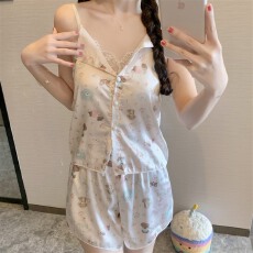 批发实拍~夏季新款冰雪丝卡通<b class='q'>碎花</b>吊带开衫睡衣女简约韩版ins家居服