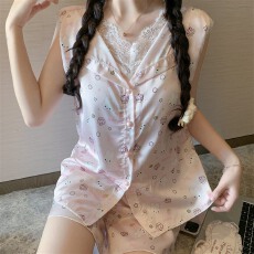 批发实拍~夏季新款冰雪丝卡通<b class='q'>碎花</b>开衫睡衣女简约韩版ins时尚家居服
