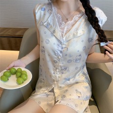 批发实拍~夏季新款冰雪丝卡通<b class='q'>碎花</b>开衫睡衣女简约韩版ins时尚家居服