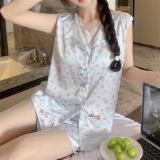 批发实拍~夏季新款冰雪丝卡通<b class='q'>碎花</b>开衫睡衣女简约韩版ins时尚家居服