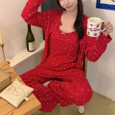 批发实拍~秋冬新款爱心碎花吊带开衫长<b class='q'>裤</b>韩版ins可外穿睡衣三件套