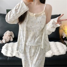 批发实拍~秋冬新款猫咪碎花吊带开衫长<b class='q'>裤</b>韩版ins睡衣家居服三件套