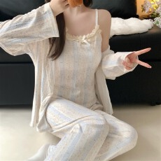批发实拍~秋冬新款条纹碎花吊带开衫长<b class='q'>裤</b><b class='q'>韩版</b>ins睡衣家居服三件套