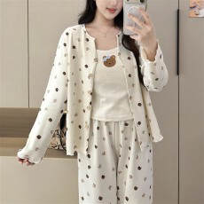 实拍~秋冬新款羊绒小熊碎花吊带开衫长裤韩版ins睡衣家居服三件套