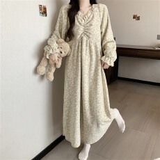 批发实拍~冬季新款米粒绒复古碎花圆领睡裙女韩版ins家居服