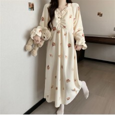批发实拍~冬季新款米粒绒复古碎花圆领睡裙女韩版ins家居服