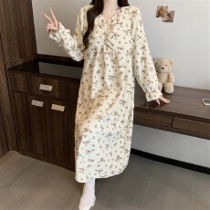 批发实拍~冬季新款米粒绒复古碎花圆领睡裙女韩版ins家居服