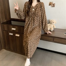批发实拍~冬季新款米粒绒复古碎花圆领睡裙女韩版ins家居服