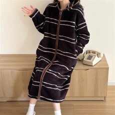 批发实拍~冬季新款米粒绒复古条纹碎花连帽睡裙女韩版ins家居服睡袍