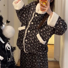 实拍~冬季新款双面雪粒绒复古碎花开衫睡衣女简约韩版ins家居服