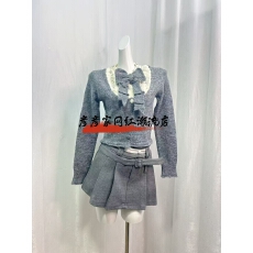 批发迟伞伞25/fw 巴黎恋书 <b class='q'>手工</b>钉珠蝴蝶结羊驼毛上衣撞色短裙套装女