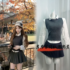 批发迟伞伞25/fw校花指南 深灰针织背心元宝领白衬衫灰色百褶裙套<b class='q'>装</b>
