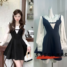 批发掐腰绝绝子蕾丝<b class='q'>娃娃领</b>收腰小黑裙