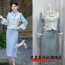 批发加绒加厚新中式国风旗袍裙马甲套装年轻款少女复古秋冬过年拜年服