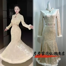 画报夫人2025冬季新款自制刺绣腰封鱼尾裙步步生莲丝绒旗袍