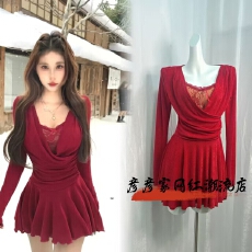 批发Mejiu蜜九幽夜幻灵法式镂空蕾丝针织<b class='q'>连衣裙</b>女秋冬蝴蝶结裙子