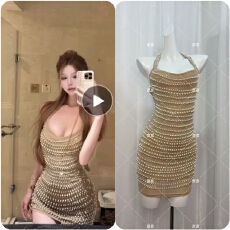 批发Jinelle新款秋季网纱名媛<b class='q'>性感</b>包臀挂脖珍珠露背修身连衣裙女<b class='q'>礼服</b>