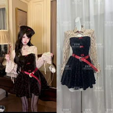 批发墨尔本邂逅秋冬纯欲辣妹氛围波点<b class='q'>衬衫</b>拼接绒感<b class='q'>连衣裙</b>