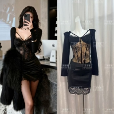 批发性感辣妹套装女秋冬新款御姐风黑色蕾丝鱼骨长袖上衣包臀半身裙