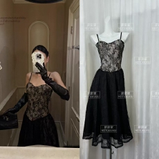 批发VENUIE富家千金miu系礼服<b class='q'>长裙</b>收腰蕾丝网纱蓬蓬裙鱼骨<b class='q'>吊带</b>连衣裙