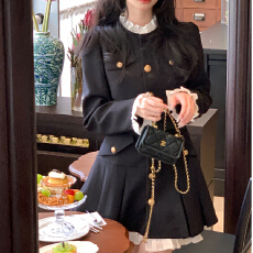 批发法式小香风长袖拼接撞色连衣裙女甜美格纹裙摆式收腰单排扣裙子