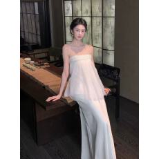 批发法式小众高级感网纱钉珠白色无袖连衣裙女过年战袍气质套装长裙子