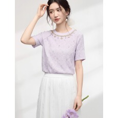 批发香芋紫重工镂空蕾丝短袖<b class='q'>T</b><b class='q'>恤</b>女夏季新款气质减龄百搭圆领上衣