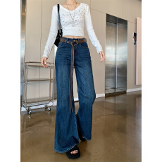 批发3026春季高腰阔腿微喇叭<b class='q'>牛仔</b>裤女春季氛围感复古显高宽松筒叭裤