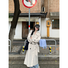 批发实拍实价~设计感翻领双排扣长款风衣外套