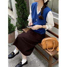 批发实拍实价~韩版木耳边V领衬衣针织马甲背心毛衣显瘦半身裙三件套