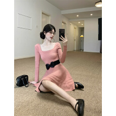 批发<b class='q'>实拍</b>实价~设计感蝴蝶结名媛风针织长袖修身连衣裙