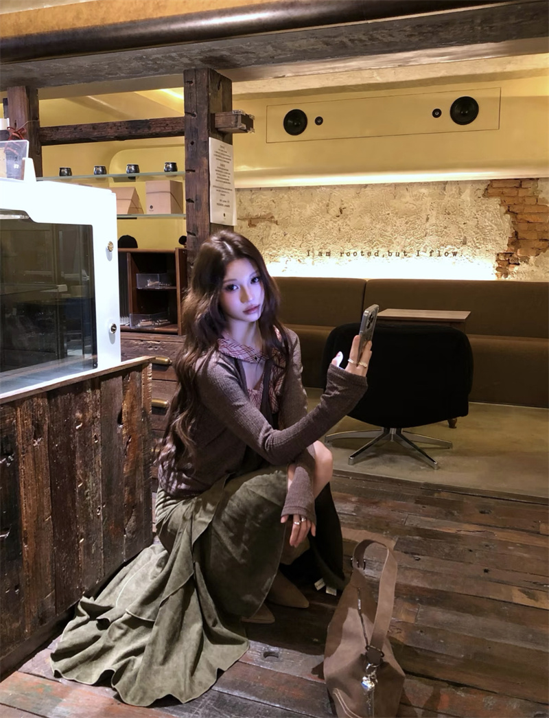 실사 정가 디자인 센스 나비 넥타이 패치워크 체크무늬 흔들다 칼라 티셔츠 하이웨이스트 슬림해 보이는 불규칙 반신 스커트