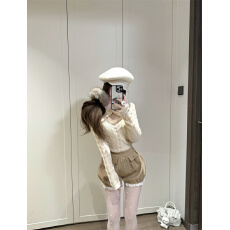 批发实拍实价~设计感蝴蝶结挖空麻花长袖针织衫上衣灯笼蕾丝<b class='q'>短裤</b>