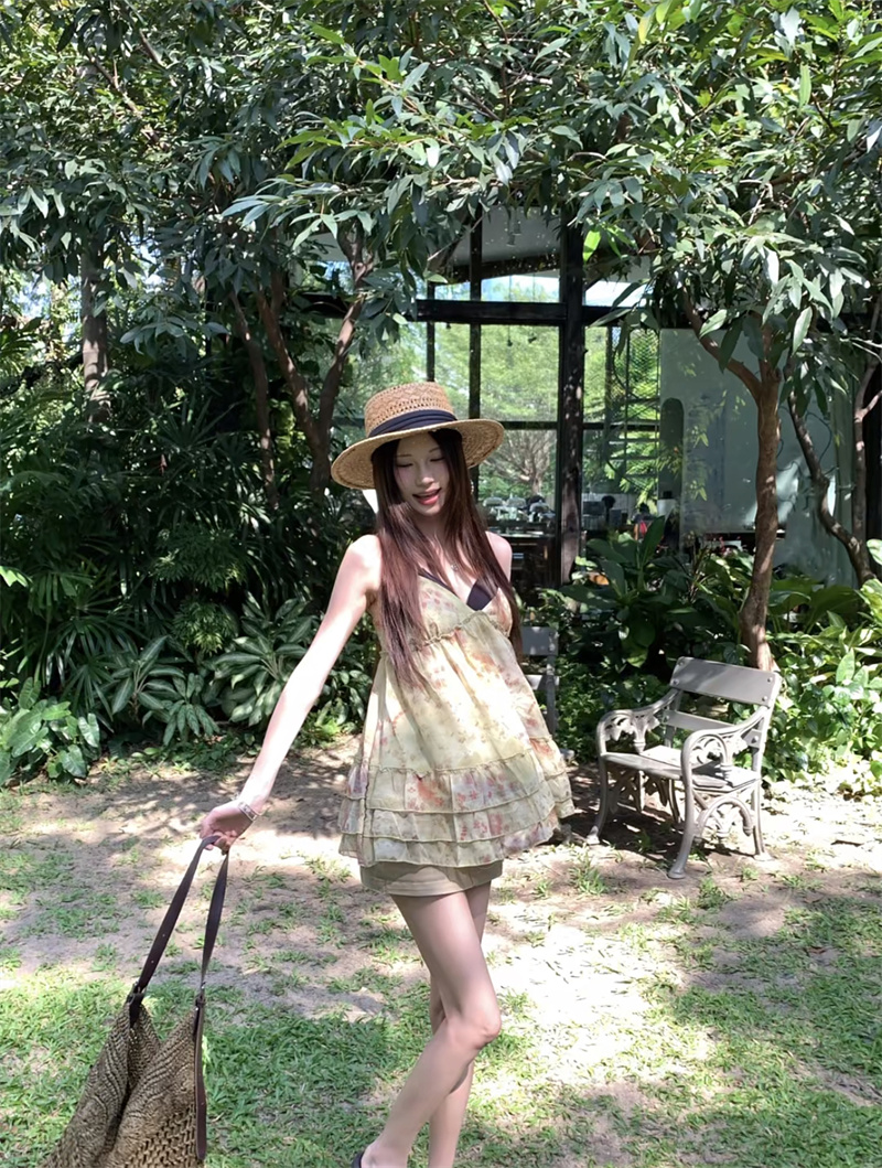 실사 정가 디자인 센스 프릴 캐미솔 꽃무늬 태국 사람 스타일 아름다운 맨위