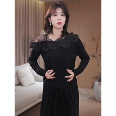 批发黑色立体花朵网纱拼接<b class='q'>针织衫</b><b class='q'>女</b>2025秋季新款高级感独特别致上衣