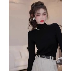 批发法式钉珠半高领<b class='q'>打底衫</b>女2025新款春秋季内搭<b class='q'>蕾丝</b>拼接长袖t恤上衣