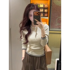 批发条纹拼接长袖针织衫女2025秋季新款韩系高级感打底衫修身内搭上衣