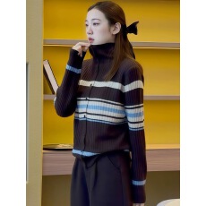 批发撞色条纹高领<b class='q'>毛衣</b><b class='q'>开衫</b><b class='q'>女</b>款2025新款冬季慵懒松弛感毛线衣针织上衣