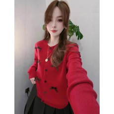 批发蝴蝶结设计感韩版针织开衫时尚长袖羊绒上衣慵懒风2025冬季单排扣