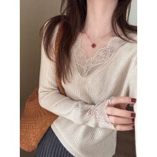 纯欲漂亮蕾丝拼接低领打底衫女内搭秋冬毛衣高级感长袖针织衫上衣