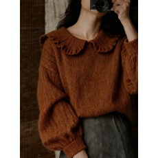 批发美拉德焦糖色娃娃领泡泡袖套头<b class='q'>毛</b>衣2025冬季新款慵懒复古针织<b class='q'>衫</b>女