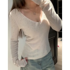 批发白色镶钻V领长袖<b class='q'>针织衫</b>女秋冬法式绝美高级感修身内搭<b class='q'>打底衫</b>上衣