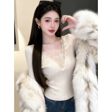 批发蕾丝烫钻针织打底衫女秋<b class='q'>冬</b>2025新款杏色毛衣钉珠V领内搭修身上衣