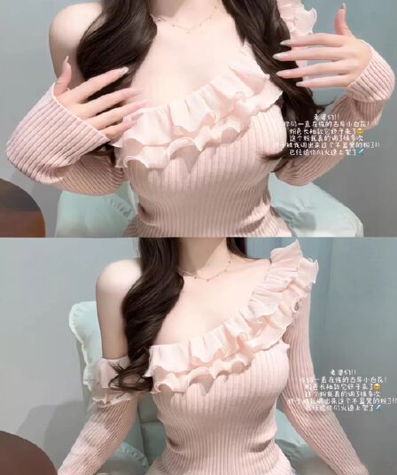 한 부서 천 금빛 바람 프릴 비스듬한 어깨 긴팔 니트 스웨터 맨위 여성 이른 봄 비싼 가스 화이트 오프숄더 품격 만나는