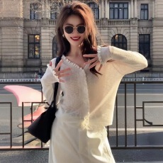 批发独特漂亮木耳边v领针织开衫女2026新款爆款针织外搭早春气质上衣